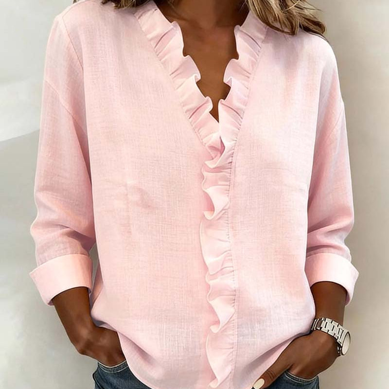 Lily Collins Ruffle V-Neck Long Sleeve Blouse
