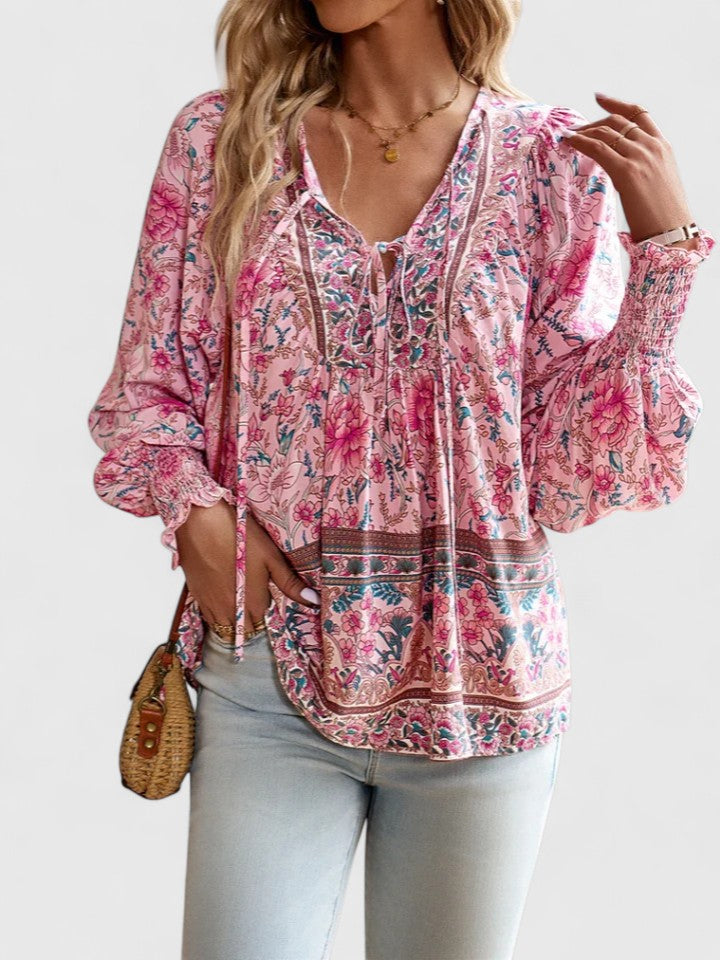 Celeste Boho Lace-Up V-Neck Blouse