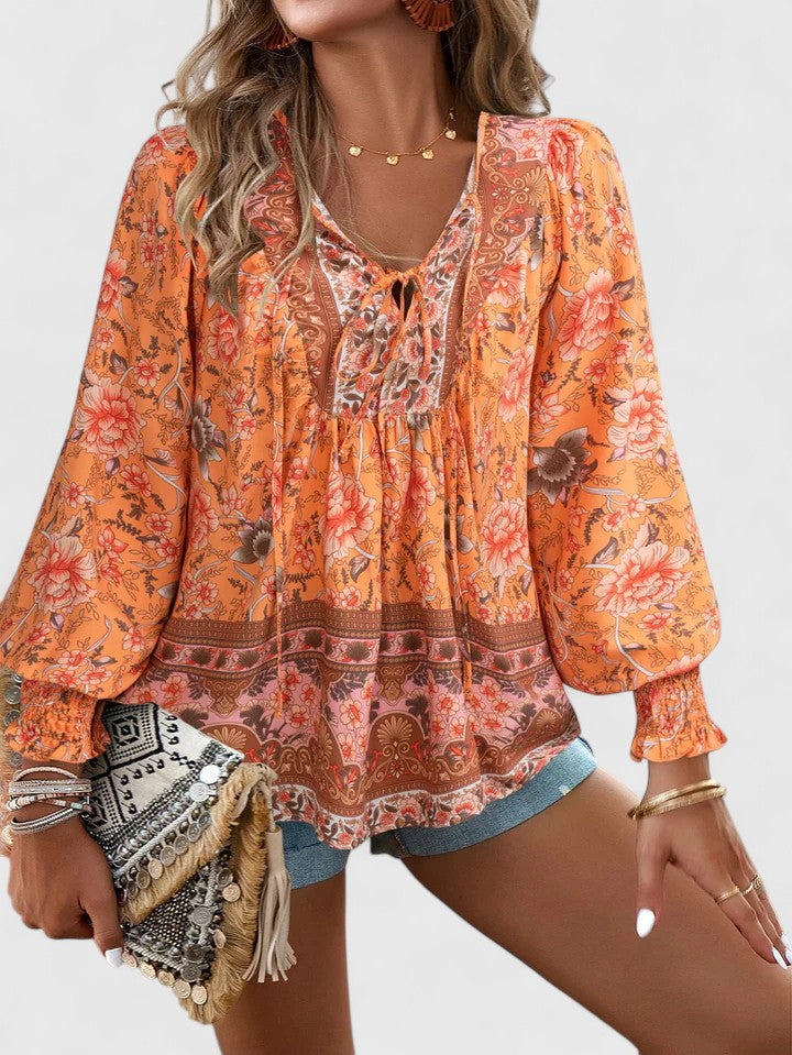 Celeste Boho Lace-Up V-Neck Blouse