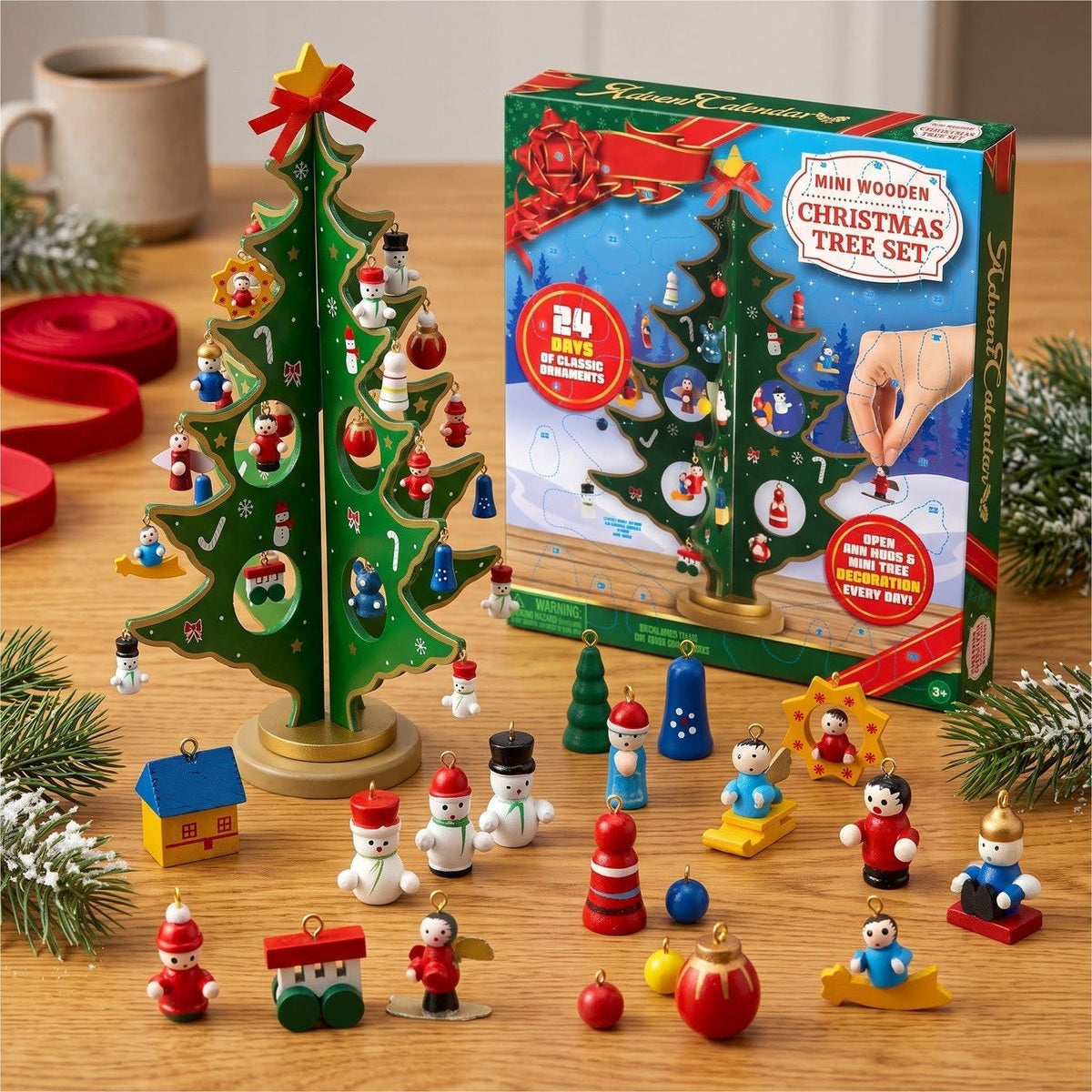 Wooden Christmas Tree Advent Calendar 2026 with 24 Mini Ornaments Holiday Countdown for Kids_2