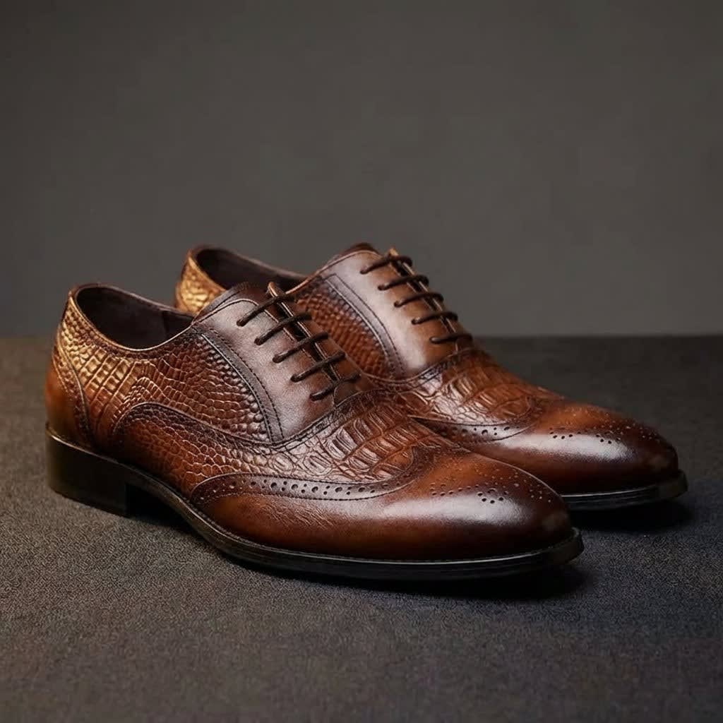 Weldon Croc Embossed Leather Brogue Shoes_15