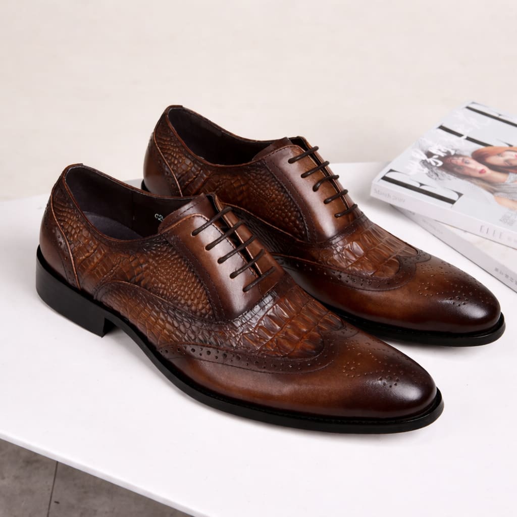 Weldon Croc Embossed Leather Brogue Shoes_4