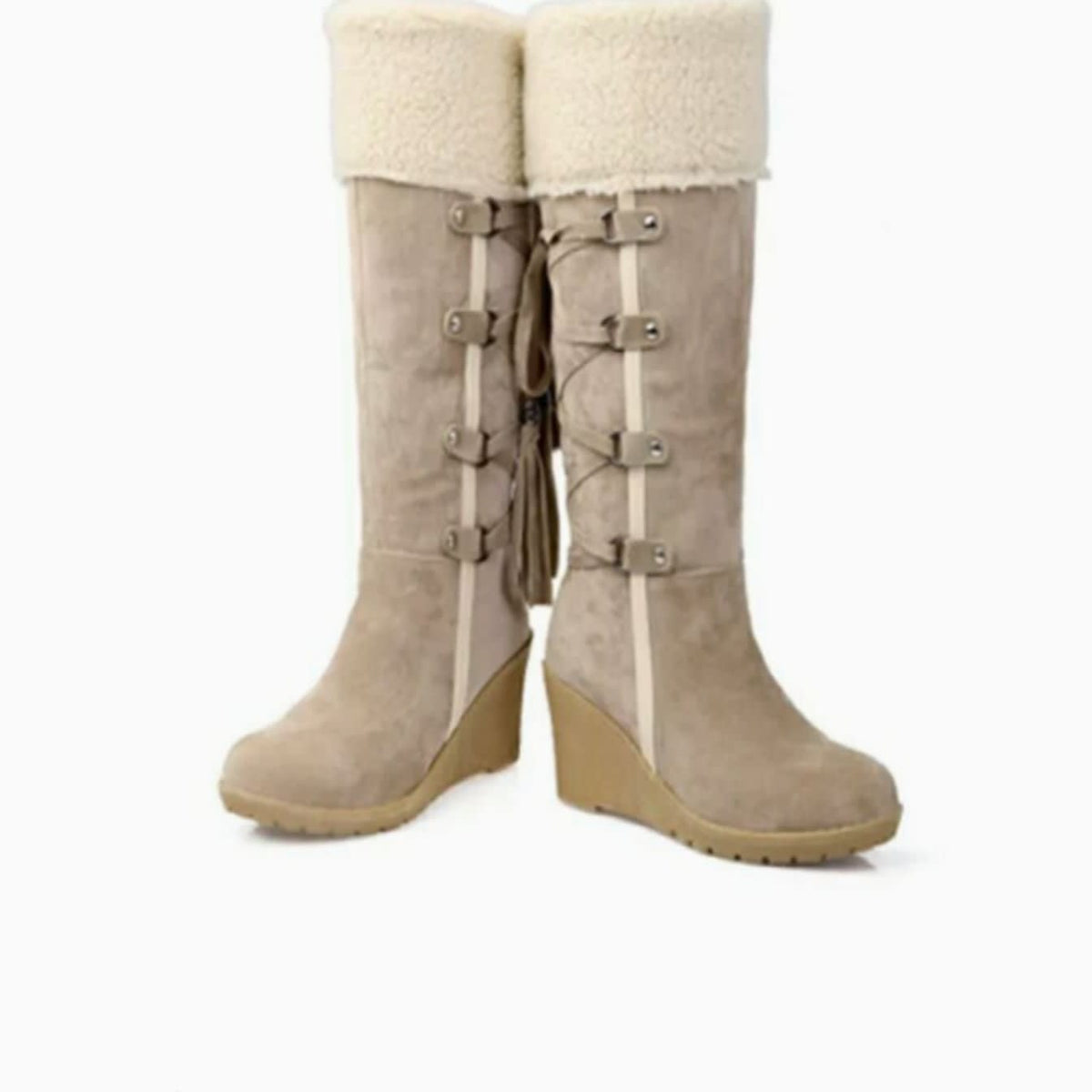 Rose Faux Suede Sherpa Cuff Wedge Knee High Boots_3