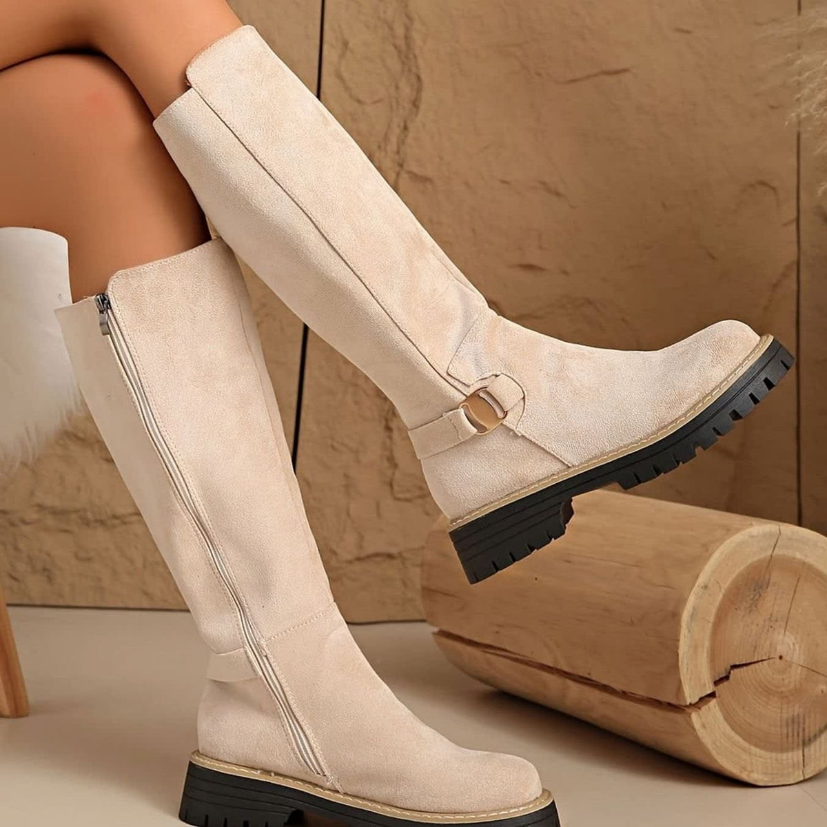 Laura Faux Suede Lug Sole Knee High Boots_3