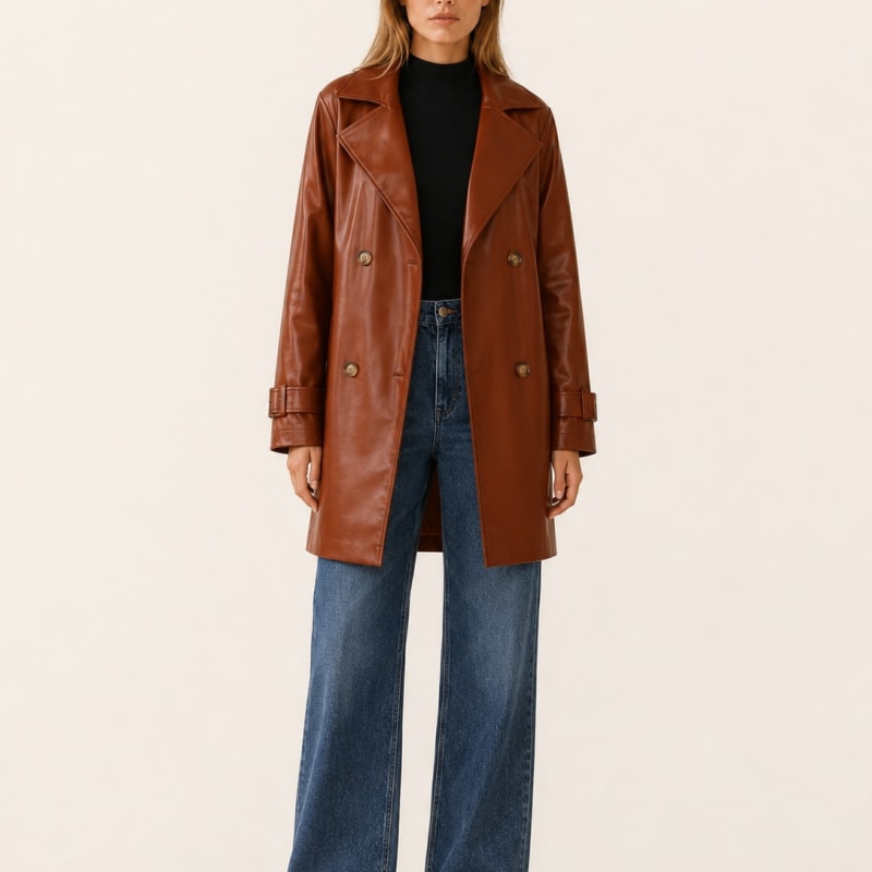 Colette Double Breasted Faux Leather Trench Coat_1