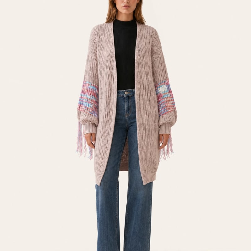Noelle Fringe Trim Open Front Longline Knit Cardigan_1
