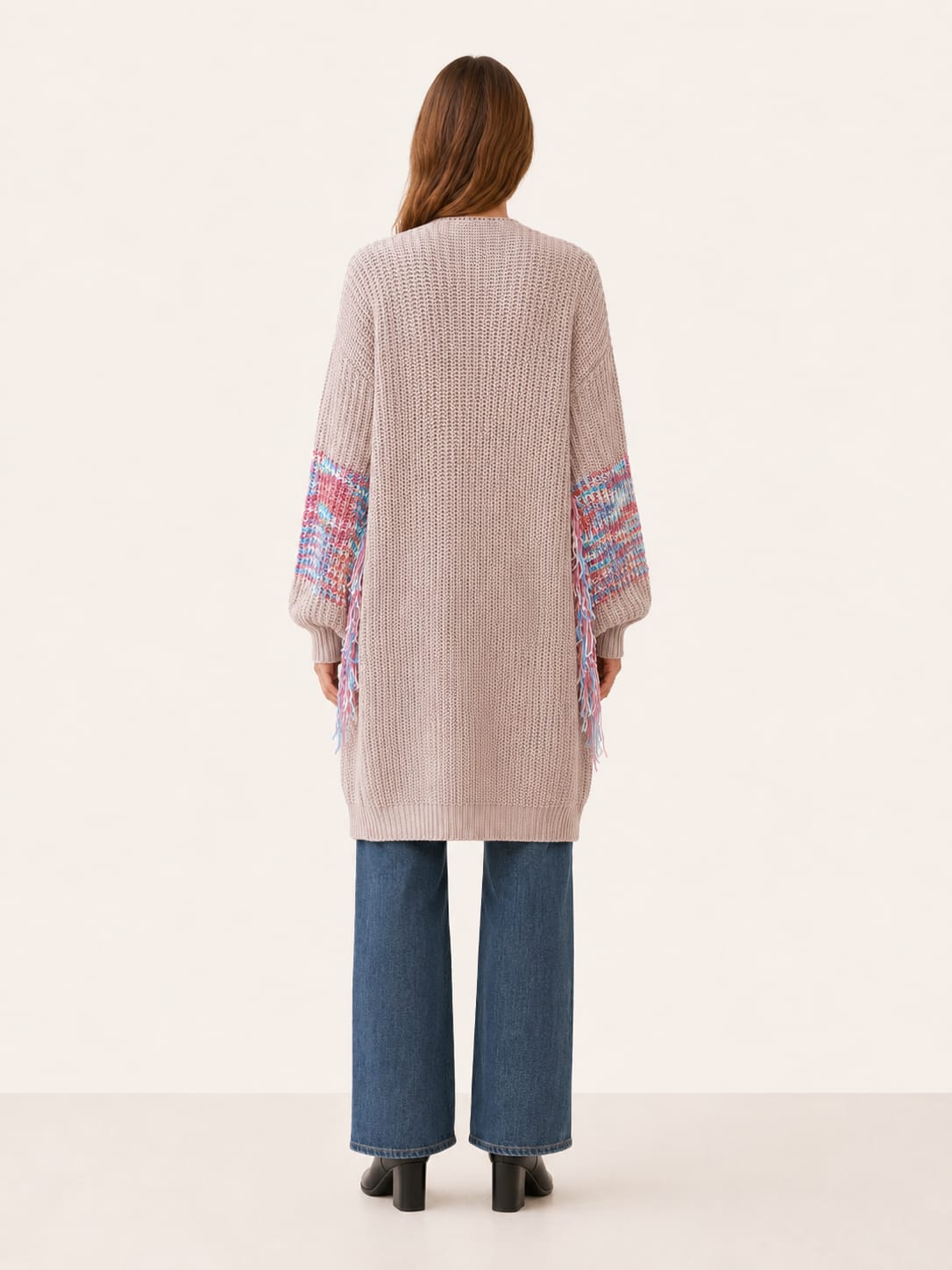 Noelle Fringe Trim Open Front Longline Knit Cardigan_2