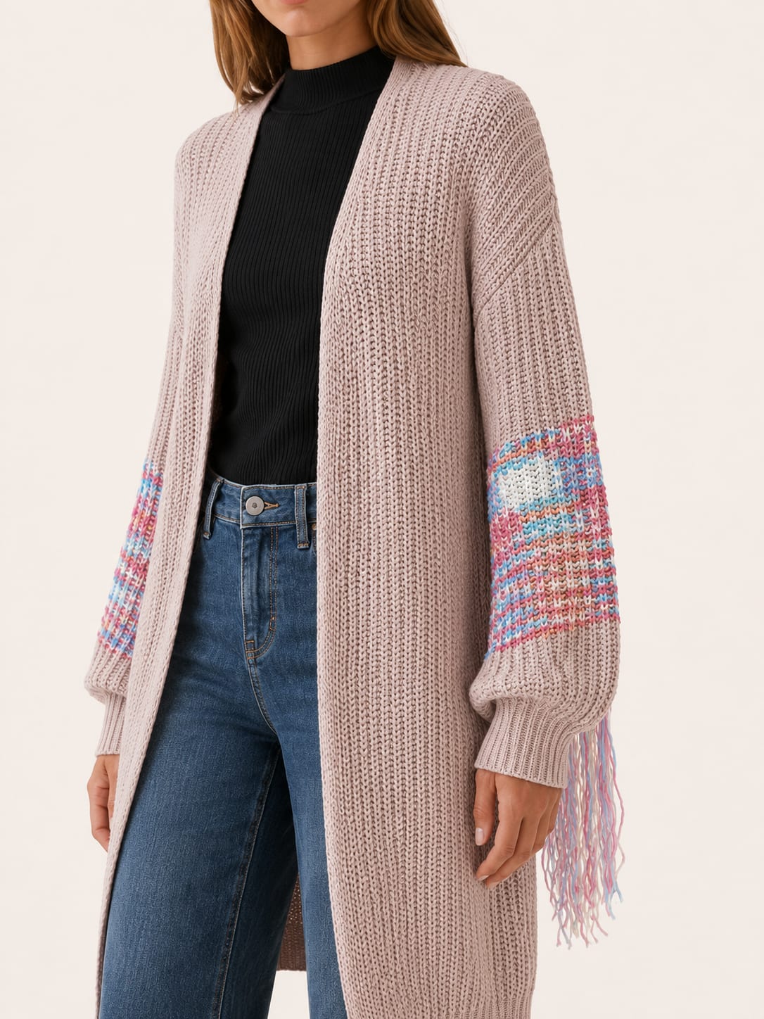 Noelle Fringe Trim Open Front Longline Knit Cardigan_4