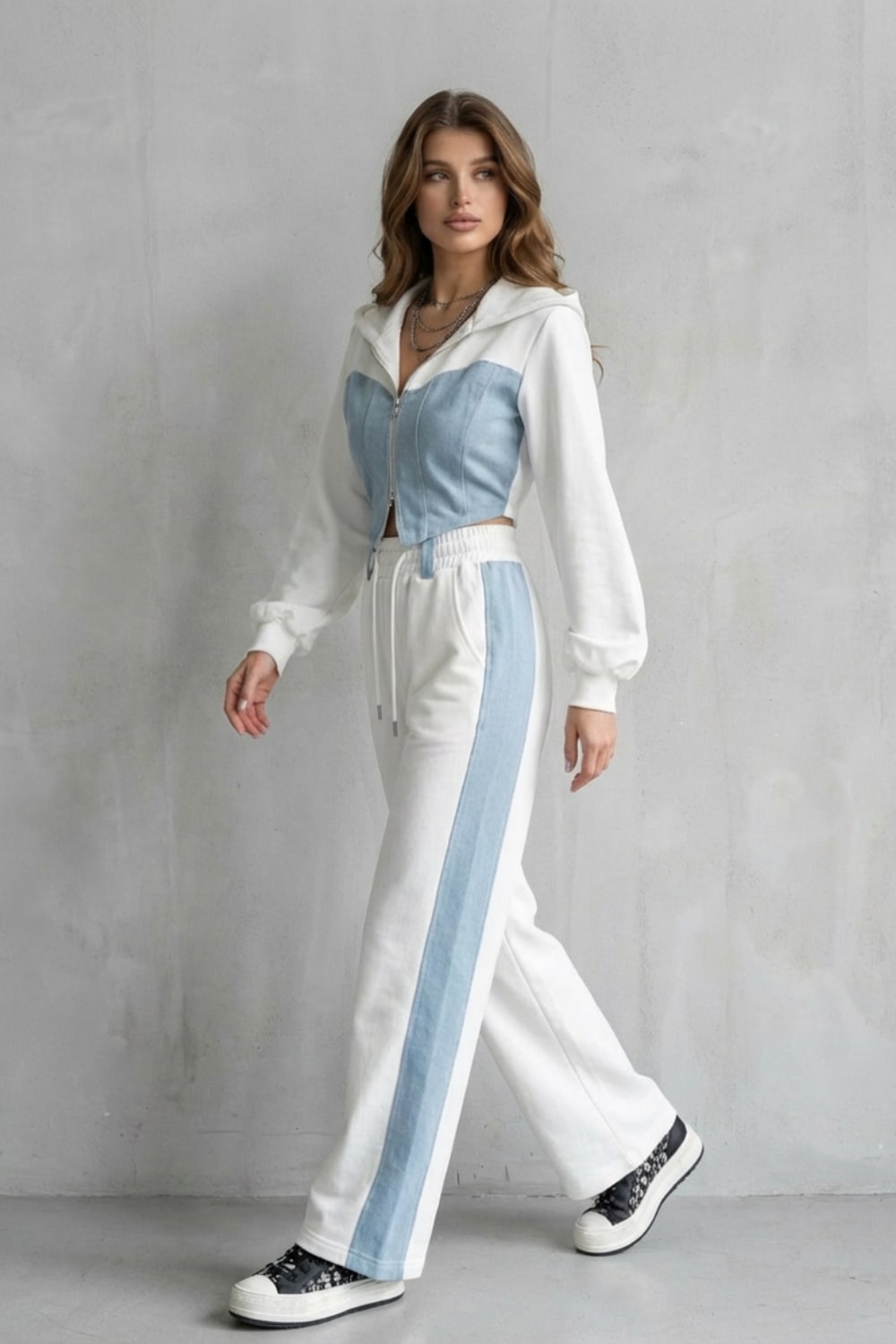 Daniella Denim Panel Hooded Two Piece Set_3