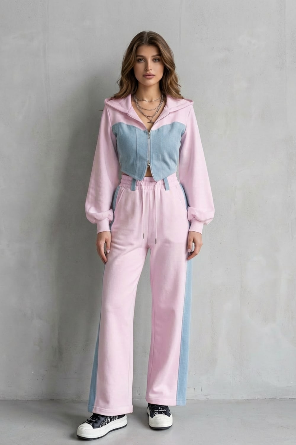 Daniella Denim Panel Hooded Two Piece Set_6