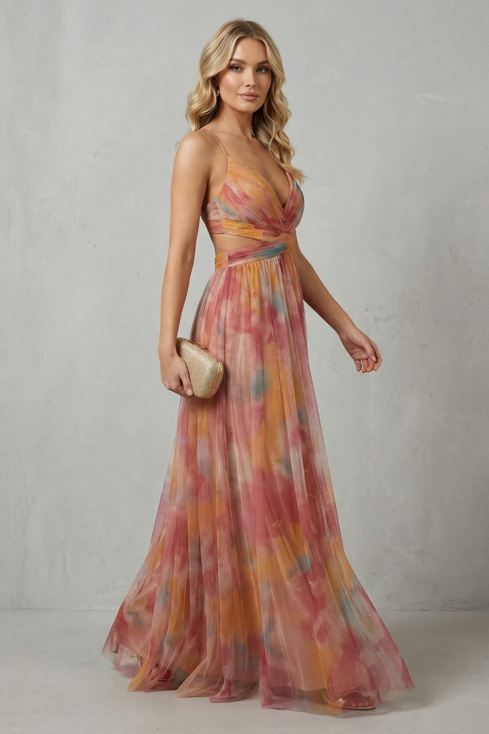 Vanda Watercolor Print Tulle Maxi Dress_3