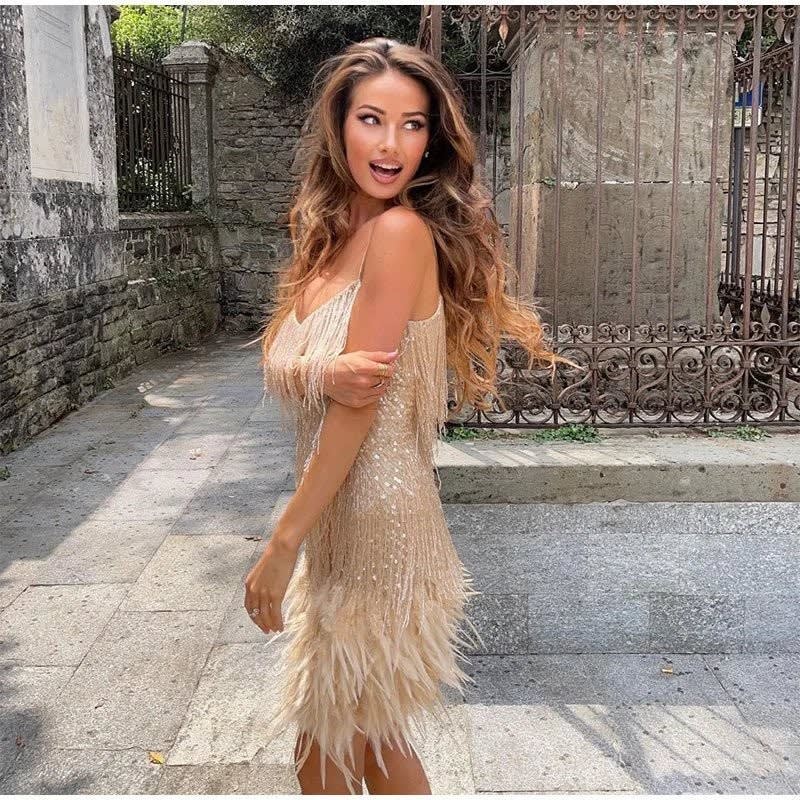 Raquel Sequin Fringe Feather Trim Cocktail Dress_3