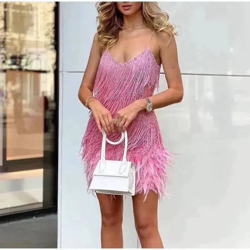 Raquel Sequin Fringe Feather Trim Cocktail Dress_8