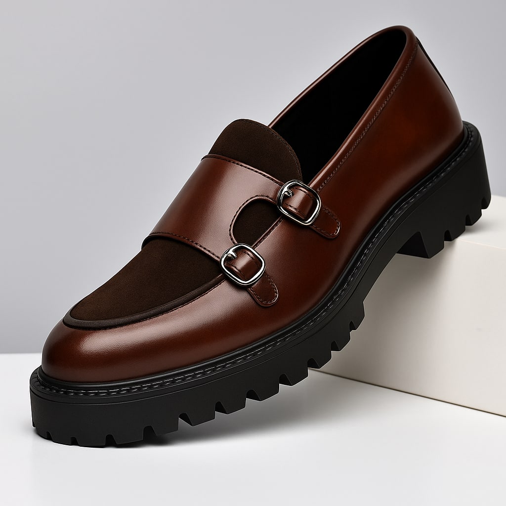 Roger Leather Suede Panel Chunky Sole Double Monk Loafers_11