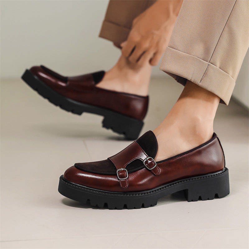 Roger Leather Suede Panel Chunky Sole Double Monk Loafers_2