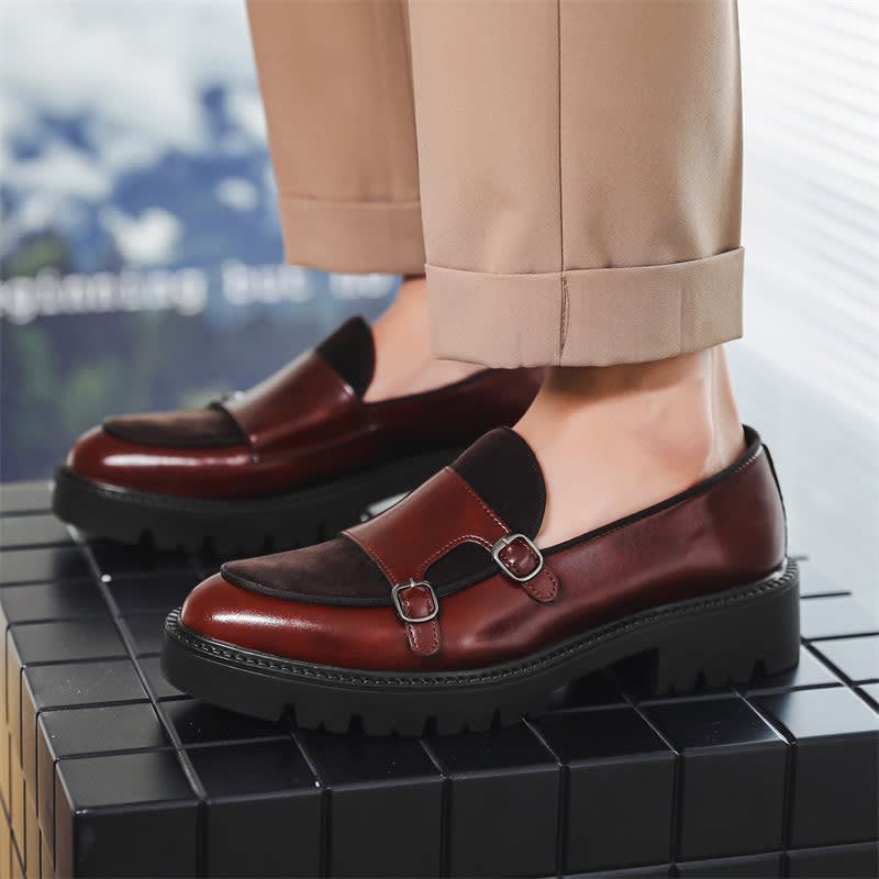 Roger Leather Suede Panel Chunky Sole Double Monk Loafers_3
