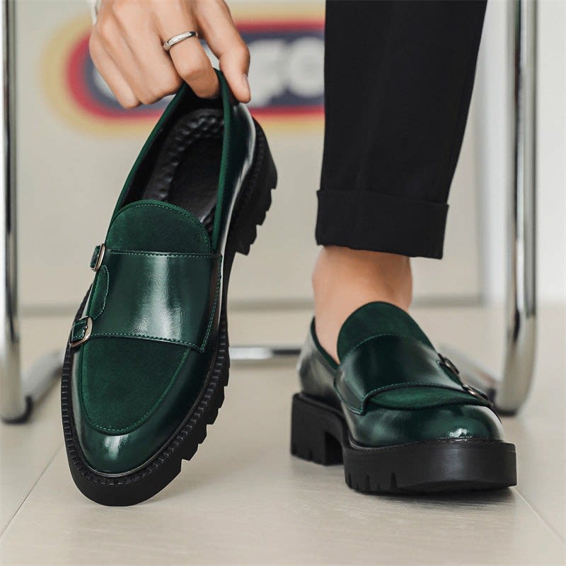 Roger Leather Suede Panel Chunky Sole Double Monk Loafers_6