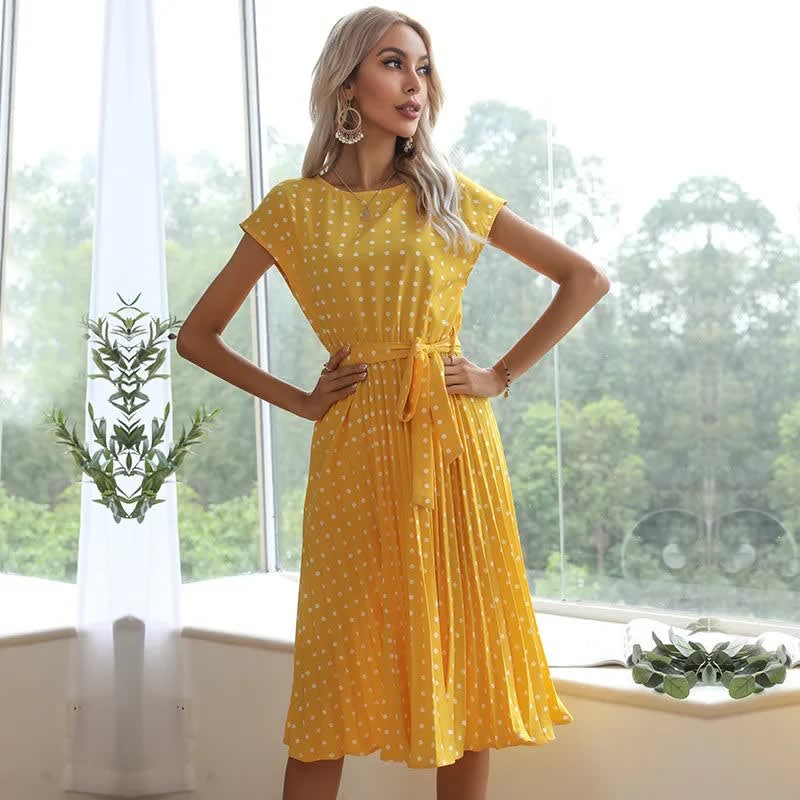 Yara Pleated Polka Dot Belted Midi Dress_13