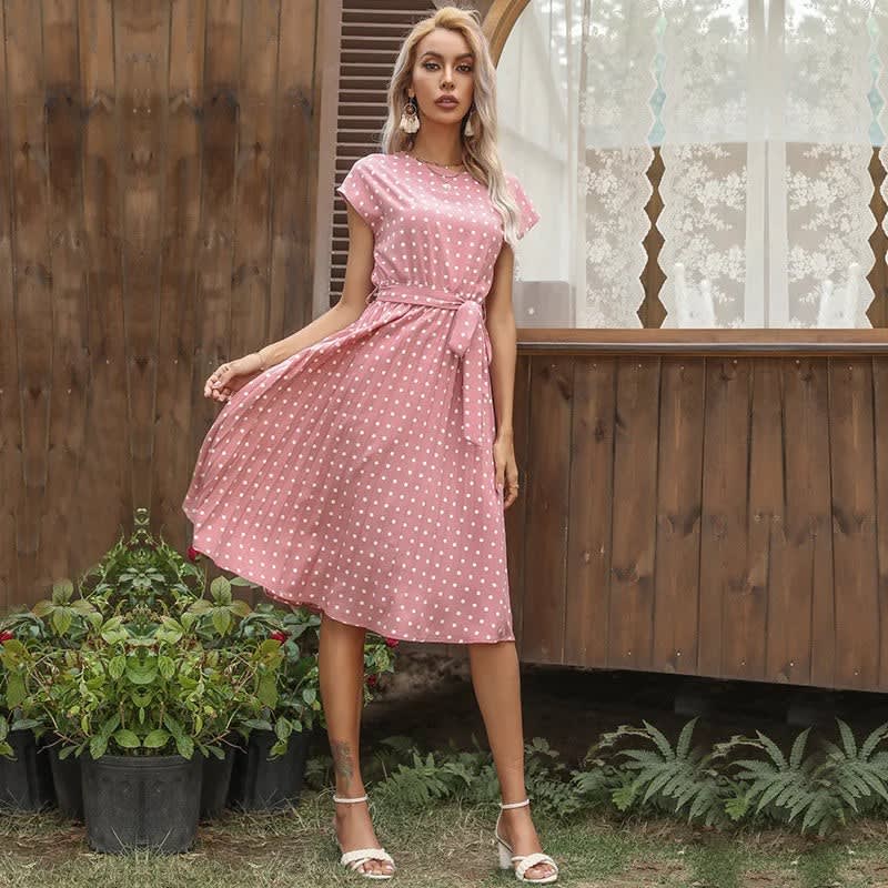 Yara Pleated Polka Dot Belted Midi Dress_14