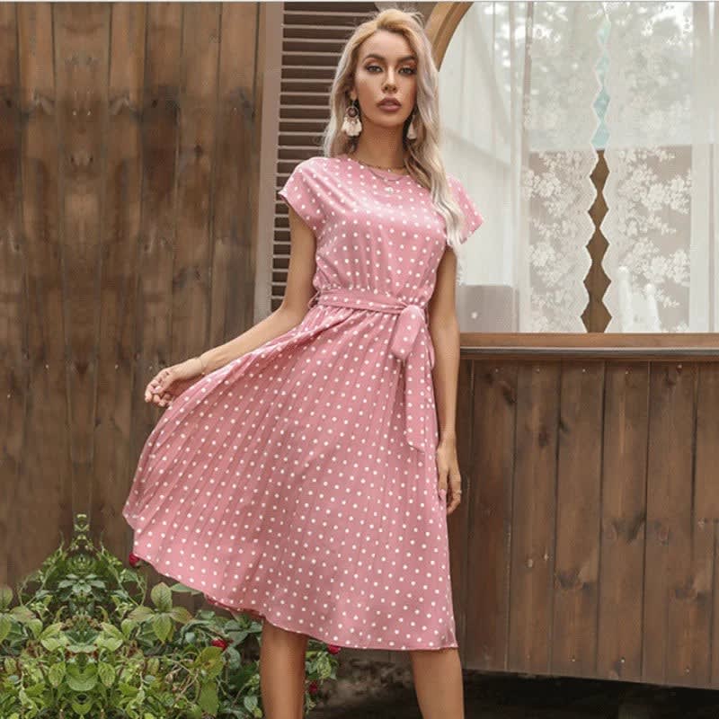 Yara Pleated Polka Dot Belted Midi Dress_3
