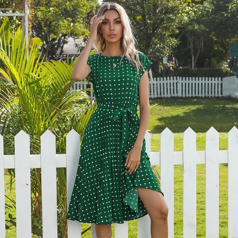Yara Pleated Polka Dot Belted Midi Dress_4