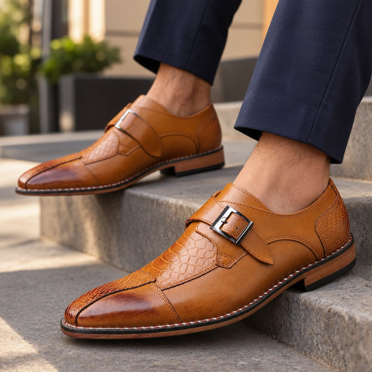Grant Croc Embossed Monk Strap Shoes_7