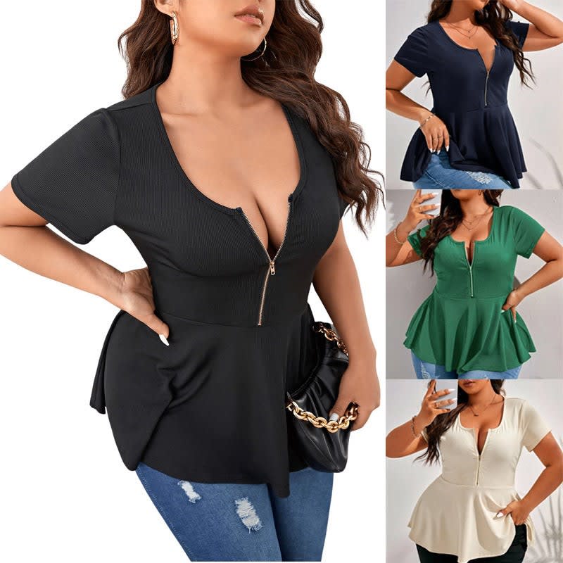 Lena Ribbed Zip Front Peplum Top_1