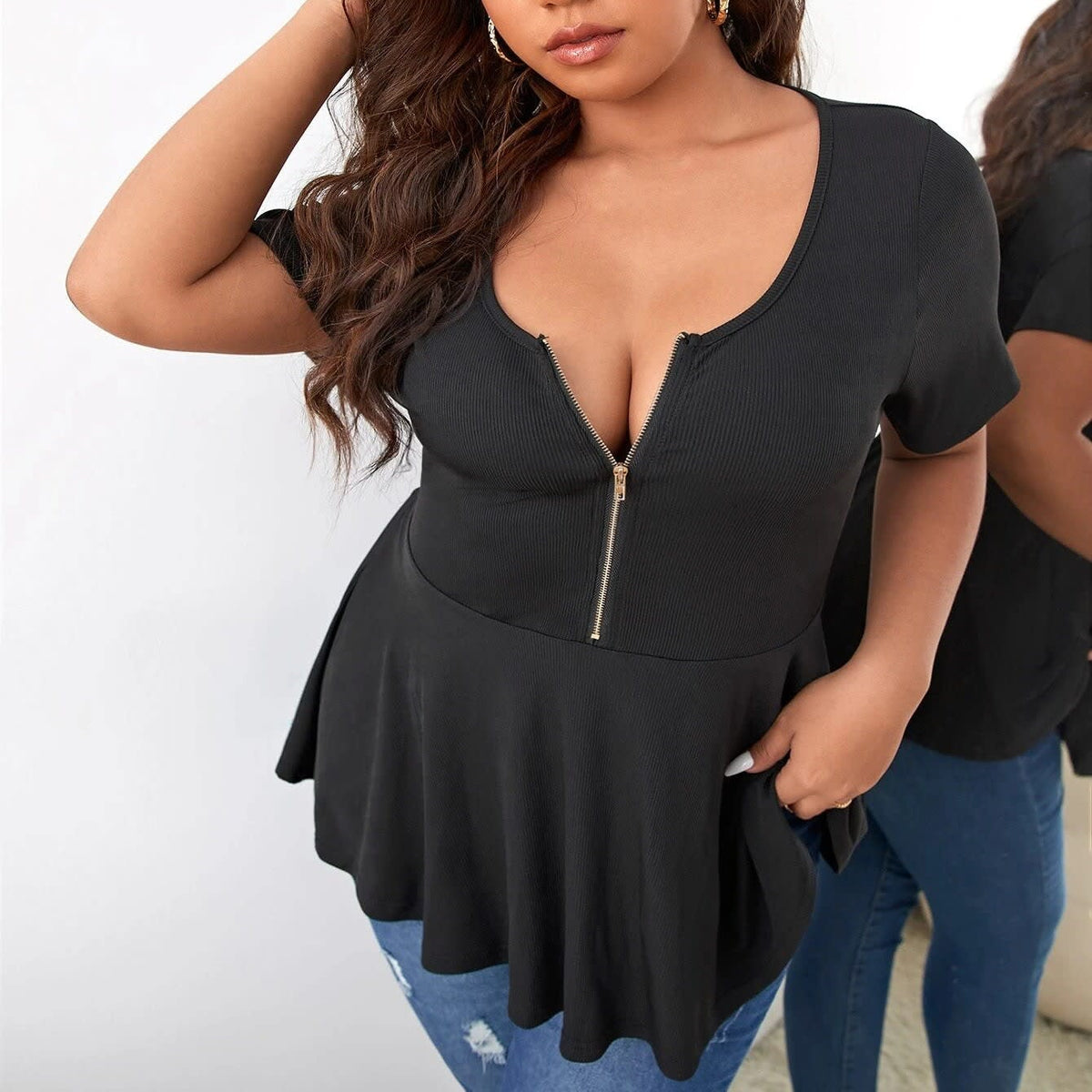 Lena Ribbed Zip Front Peplum Top_6