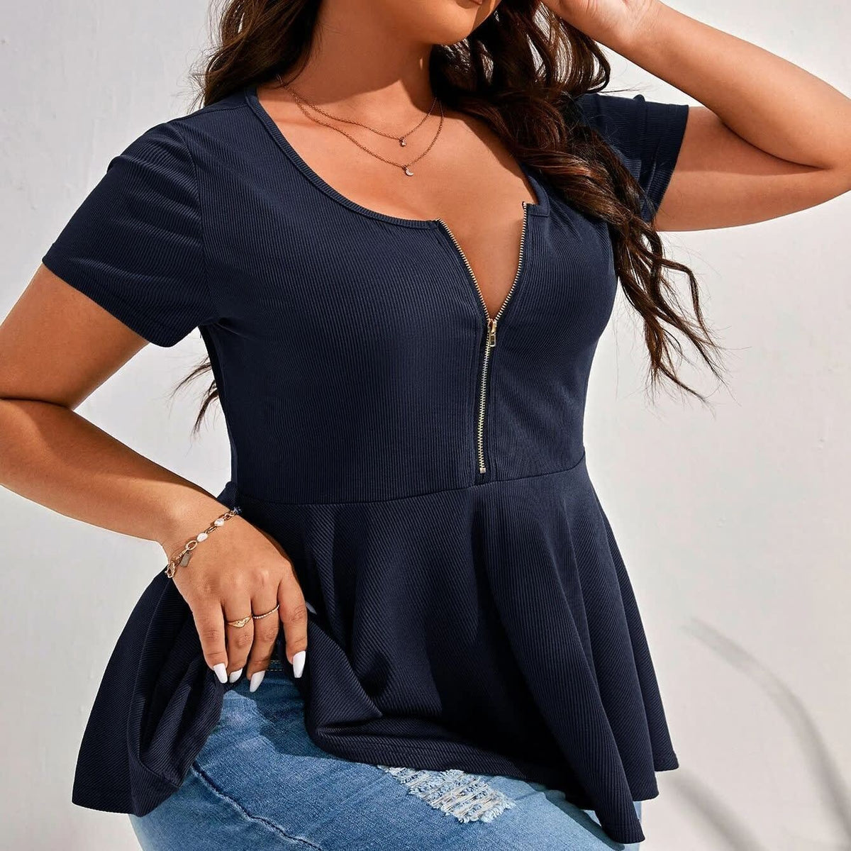 Lena Ribbed Zip Front Peplum Top_7