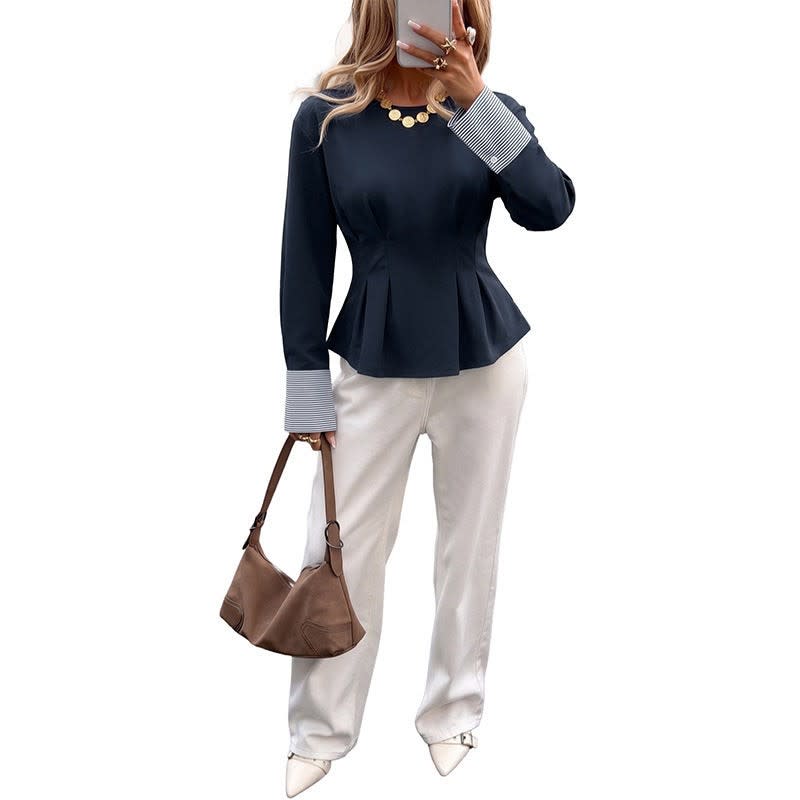 Sabine Pleated Waist Peplum Top with Striped Cuffs_5
