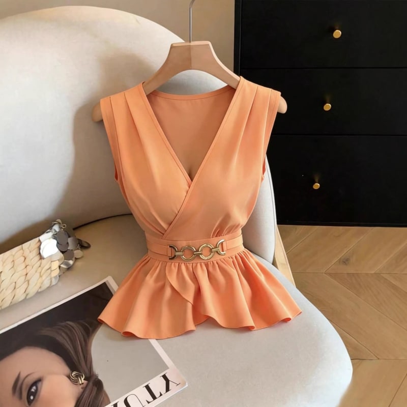 Melina Wrap V-Neck Peplum Top with Chain Belt_1