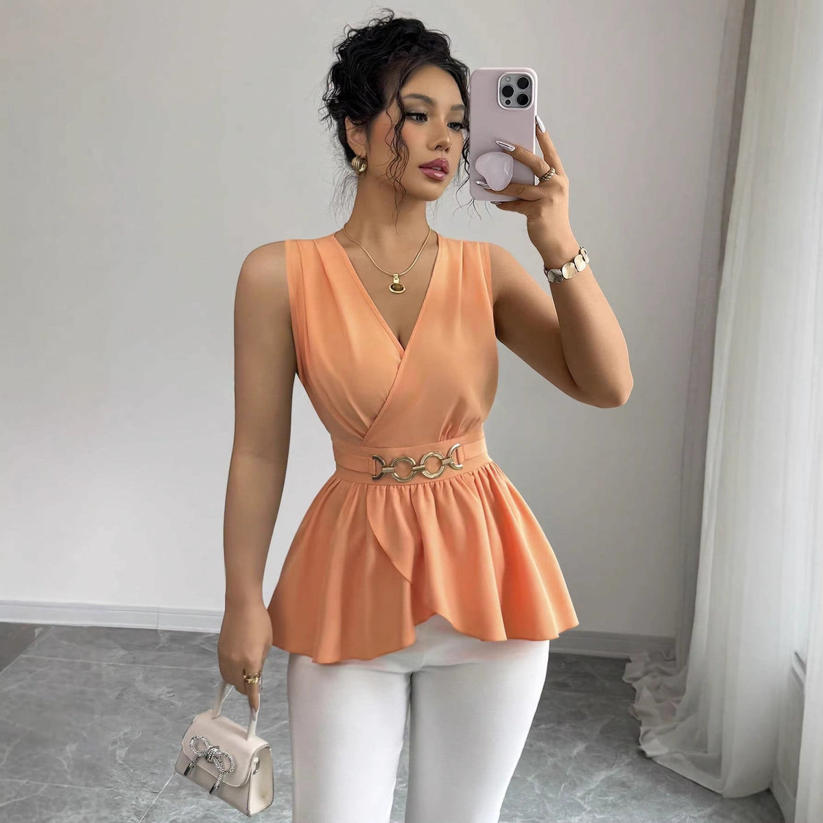 Melina Wrap V-Neck Peplum Top with Chain Belt_2