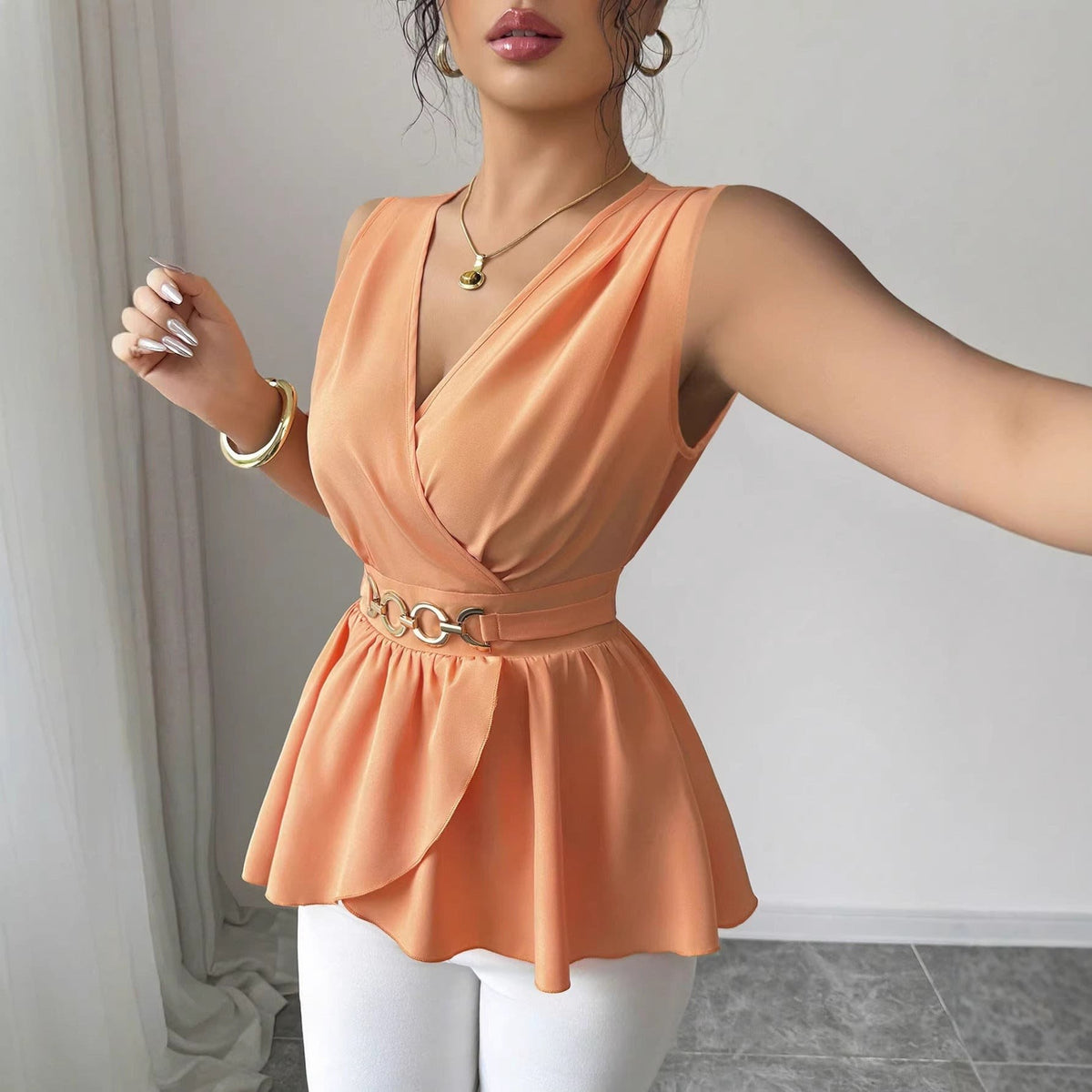 Melina Wrap V-Neck Peplum Top with Chain Belt_5
