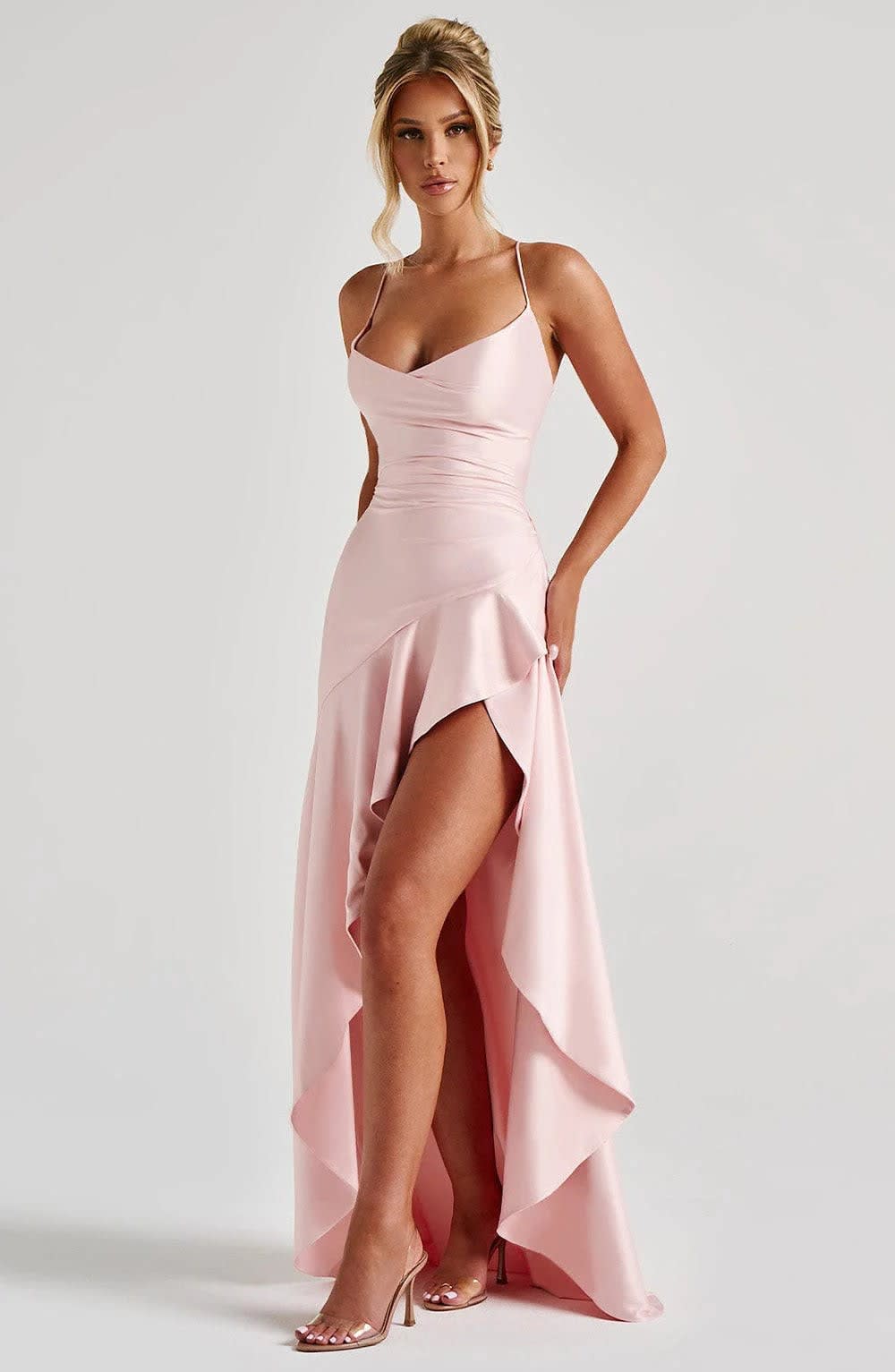 Yvaine V-Neck Satin Ruffle High Slit Evening Maxi Dress_5