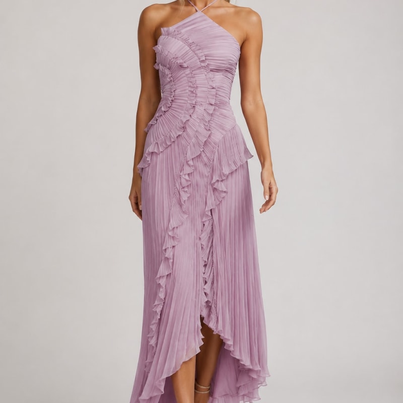 Delphi Pleated Ruffle Halter Maxi Dress_1