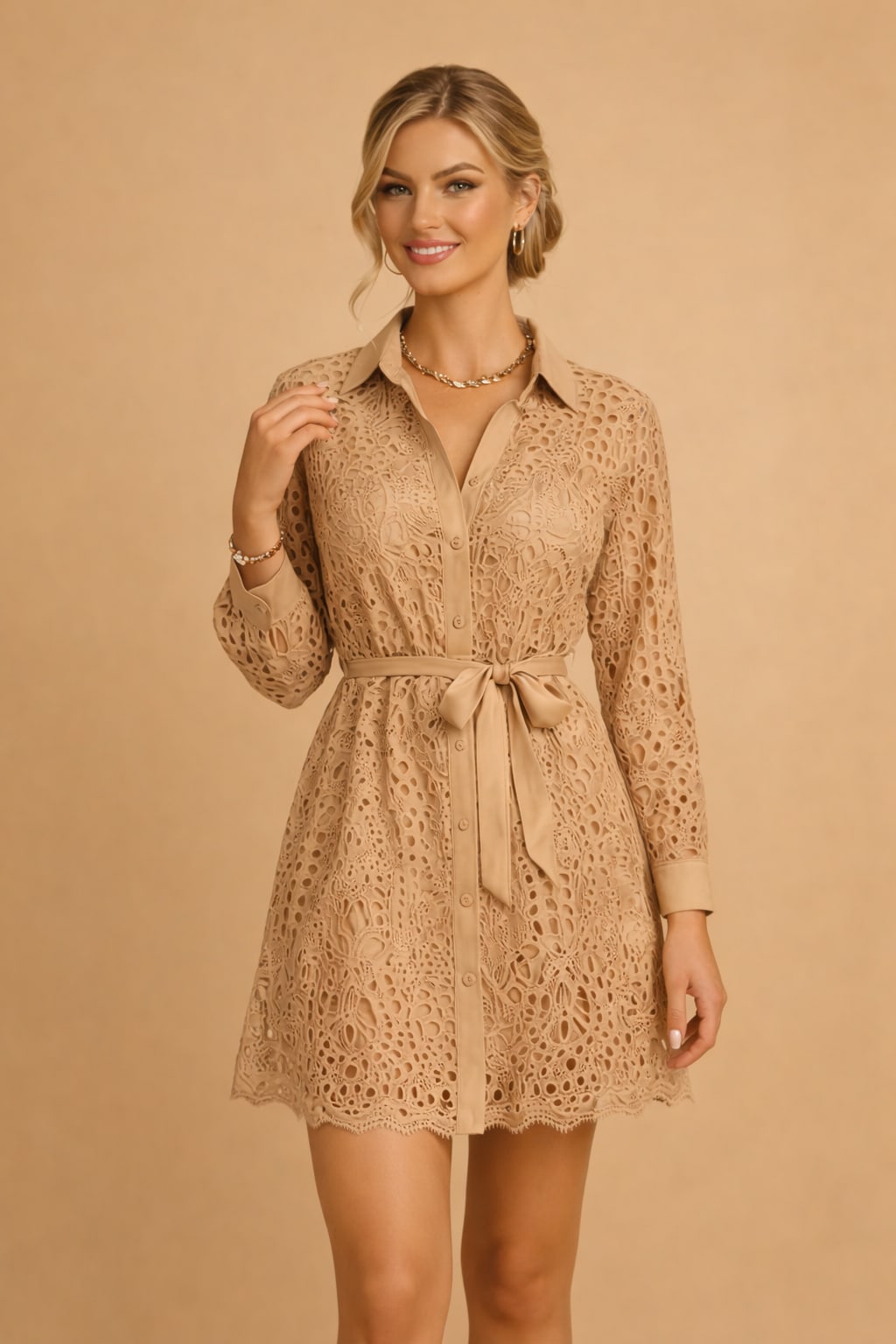 Harriet Lace Long Sleeve Button Front Shirt Dress_3