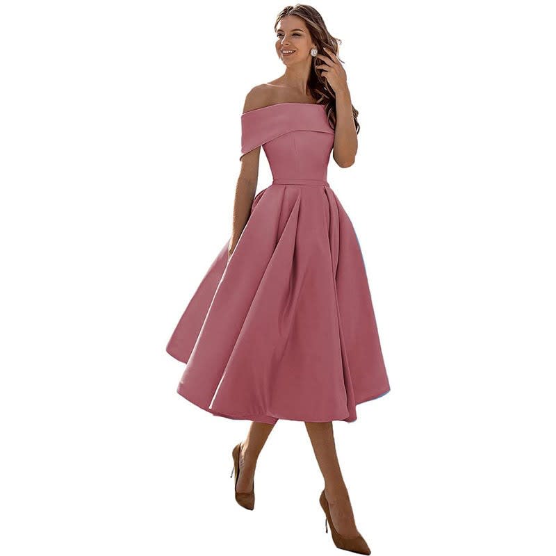 Dahlia Off Shoulder Satin Wedding Guest Midi Dress_1