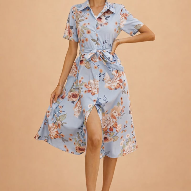Evangeline Floral Short Sleeve Button Front Midi Shirt Dress_1