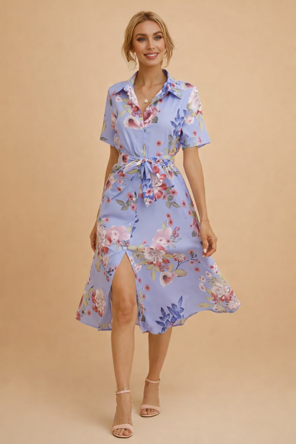Evangeline Floral Short Sleeve Button Front Midi Shirt Dress_2