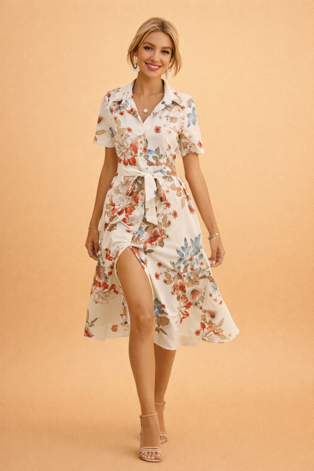 Evangeline Floral Short Sleeve Button Front Midi Shirt Dress_3