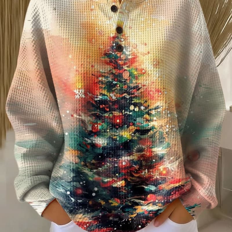 Leonie Waffle Knit Christmas Sweater with Tree Print_1