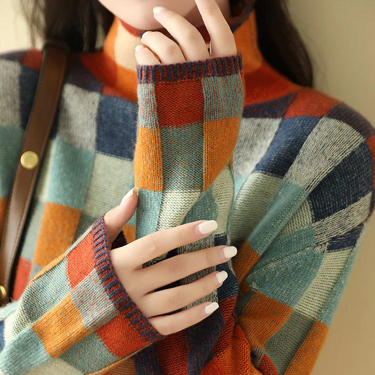 Cherie Multicolor Check Knit Mock Neck Sweater_7