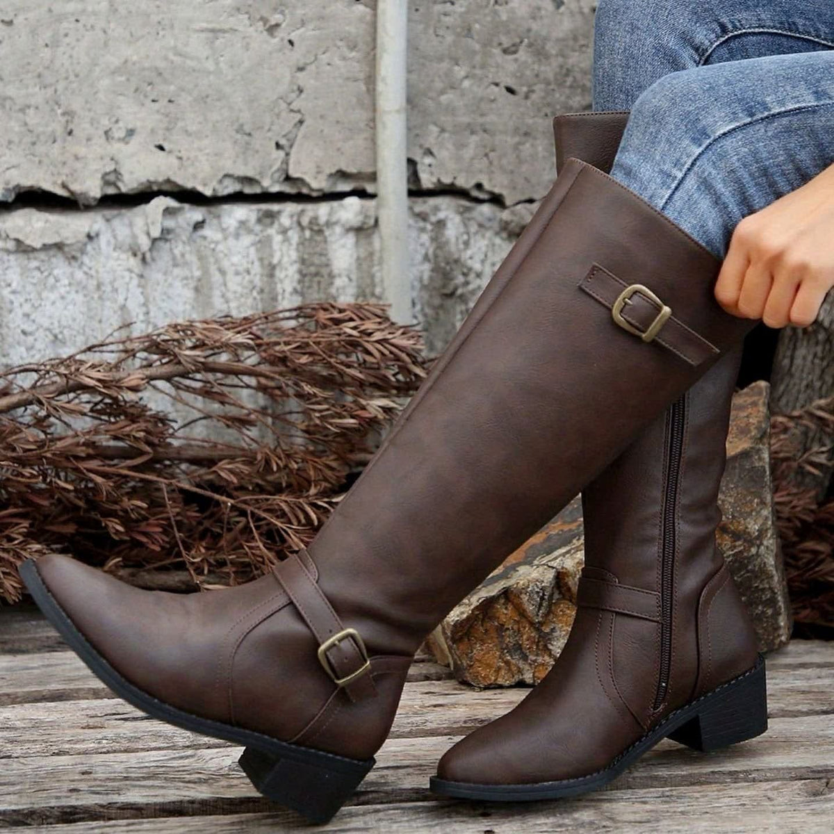Lauren Faux Leather Buckle Knee High Riding Boots_3