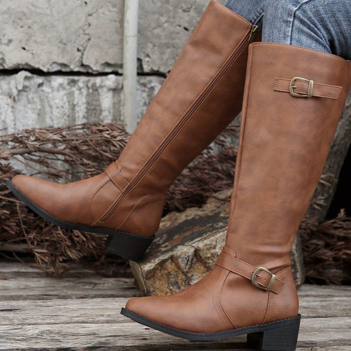 Lauren Faux Leather Buckle Knee High Riding Boots_5