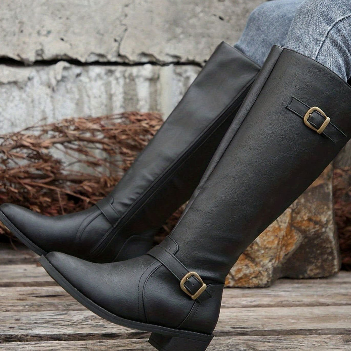 Lauren Faux Leather Buckle Knee High Riding Boots_8