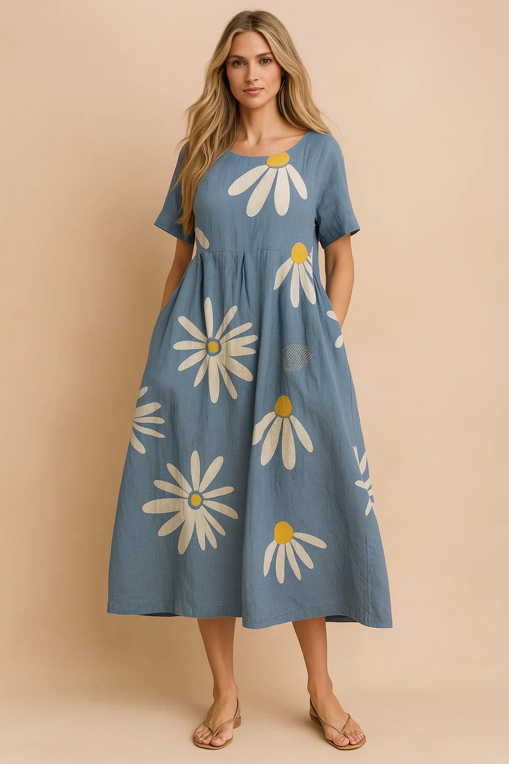 Marisol Floral Print Linen Relaxed Fit Midi Dress_10