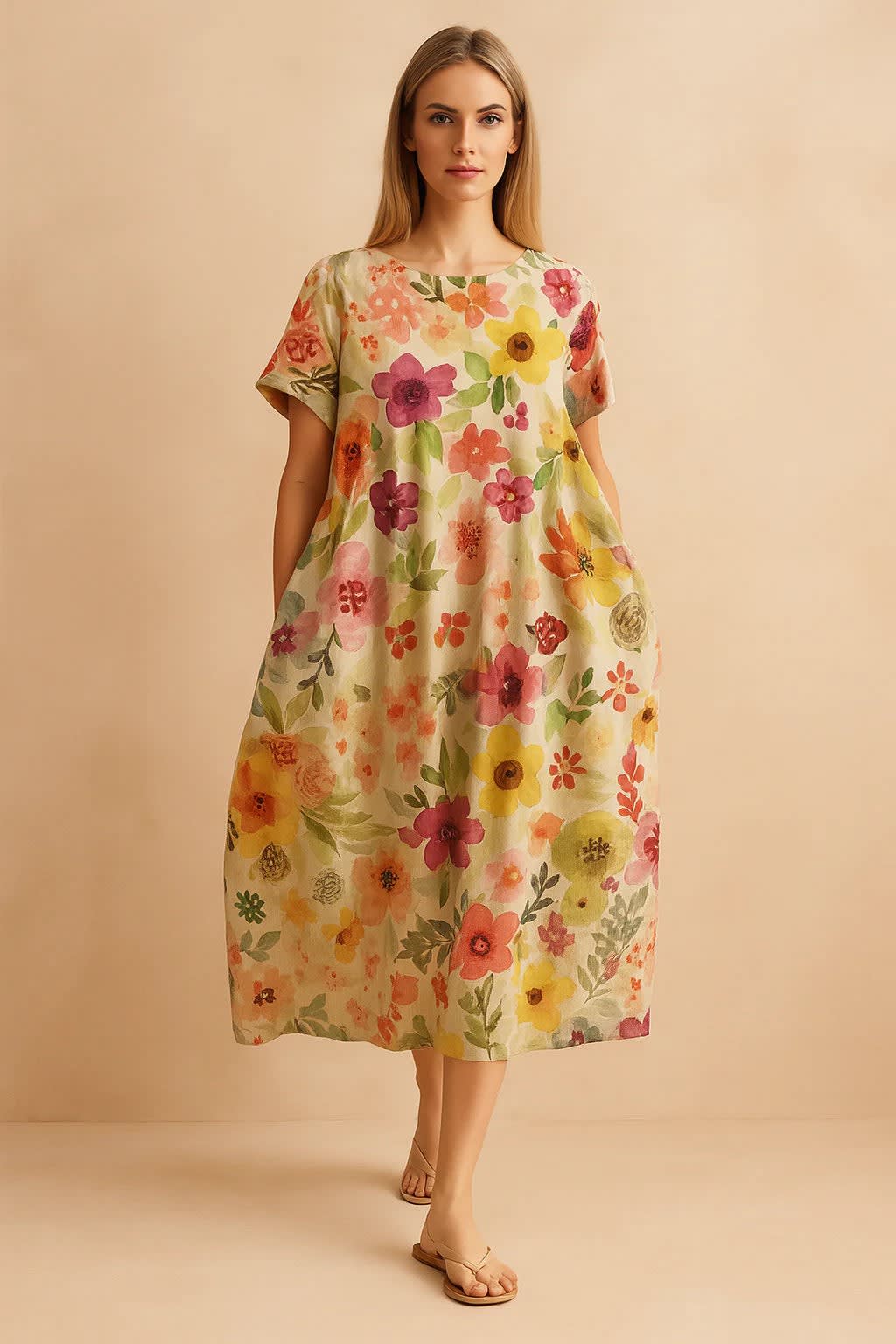 Marisol Floral Print Linen Relaxed Fit Midi Dress_5