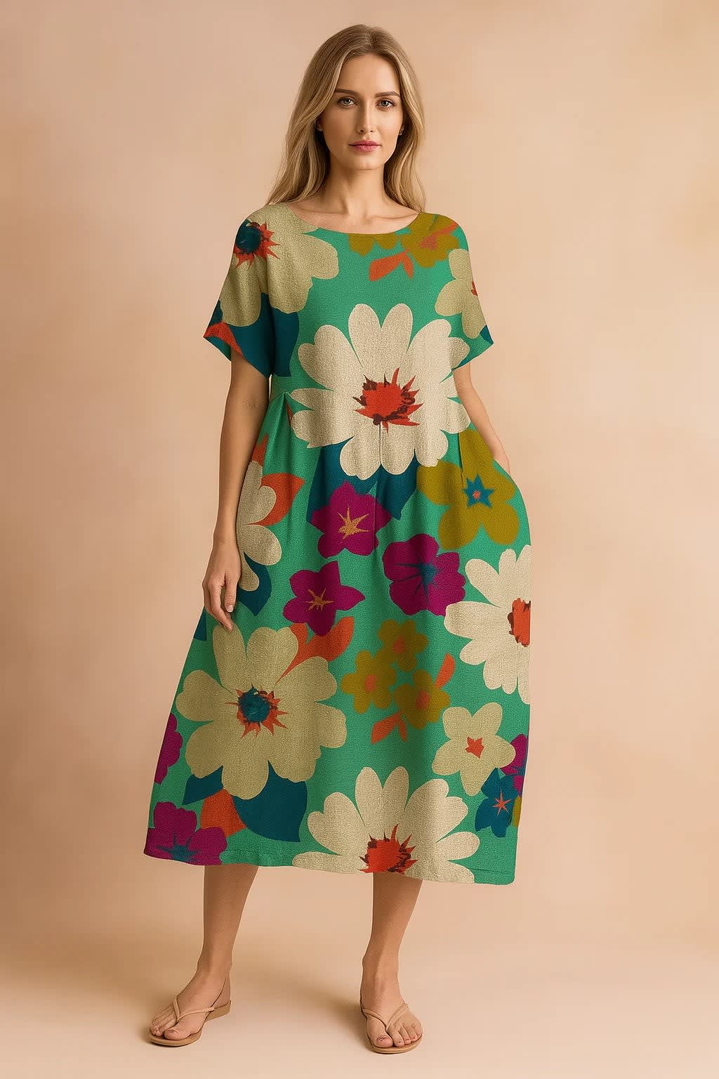 Marisol Floral Print Linen Relaxed Fit Midi Dress_6