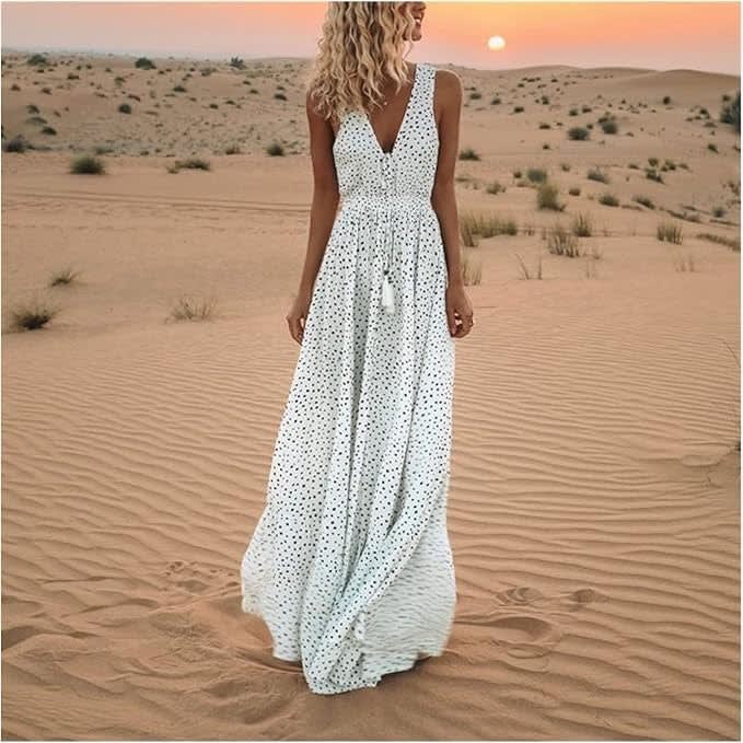 Zola Boho V-Neck Polka Dot Maxi Dress_5