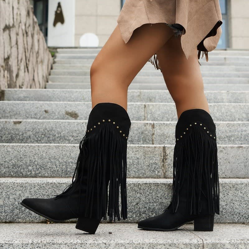Giselle Fringe Studded Block Heel Western Style Boots_3